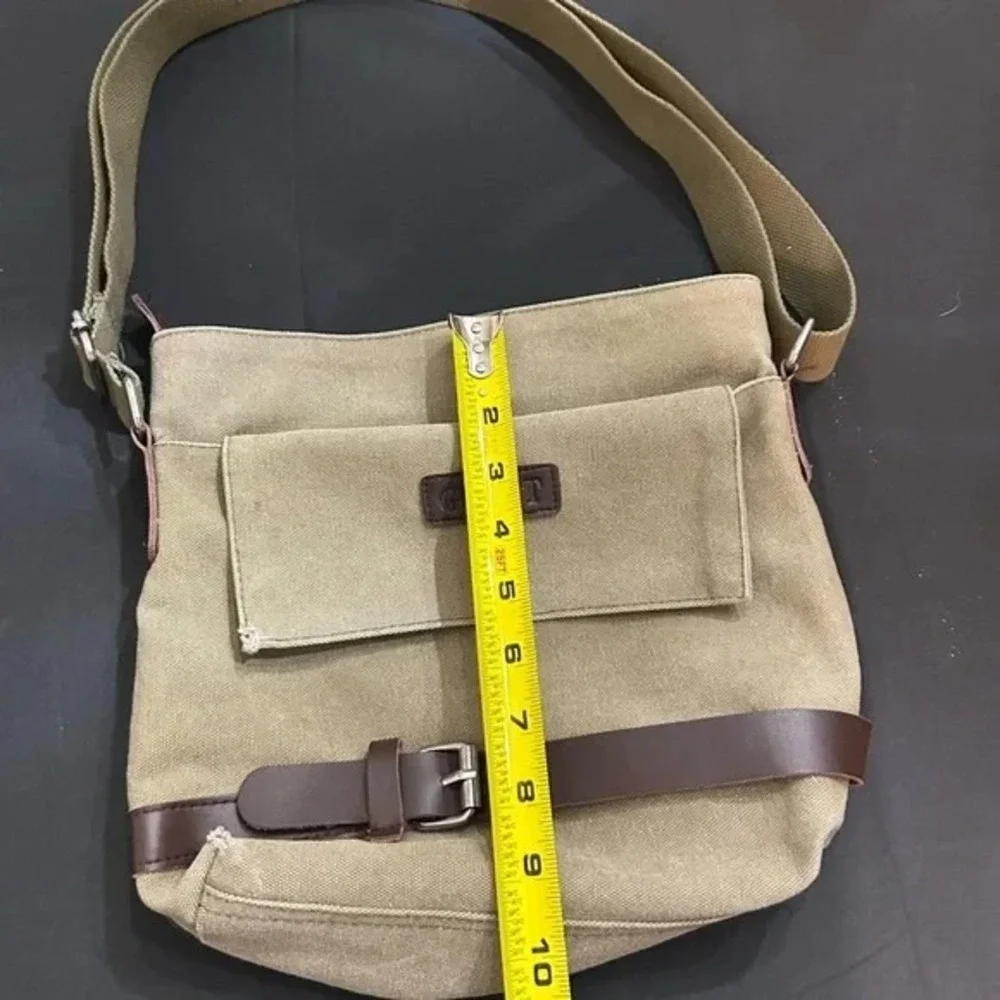 GUSTT Canvas Messenger Bag Khaki Brown Trim Adjustable Shoulder Crossbody Bag